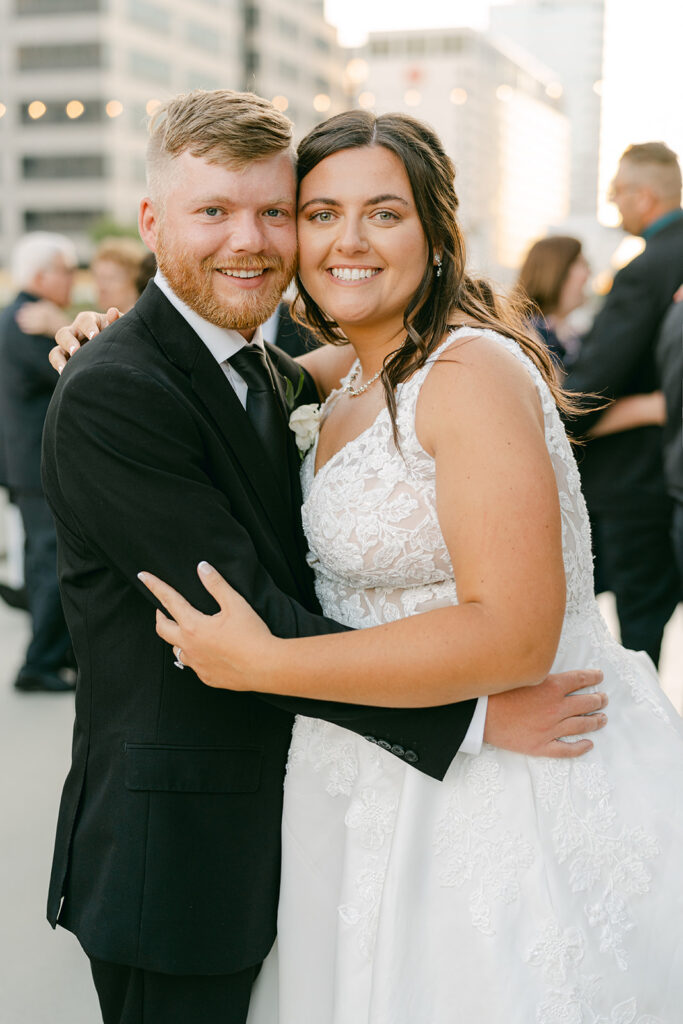 Bride and groom on rooftop wedding venue Indianapolis