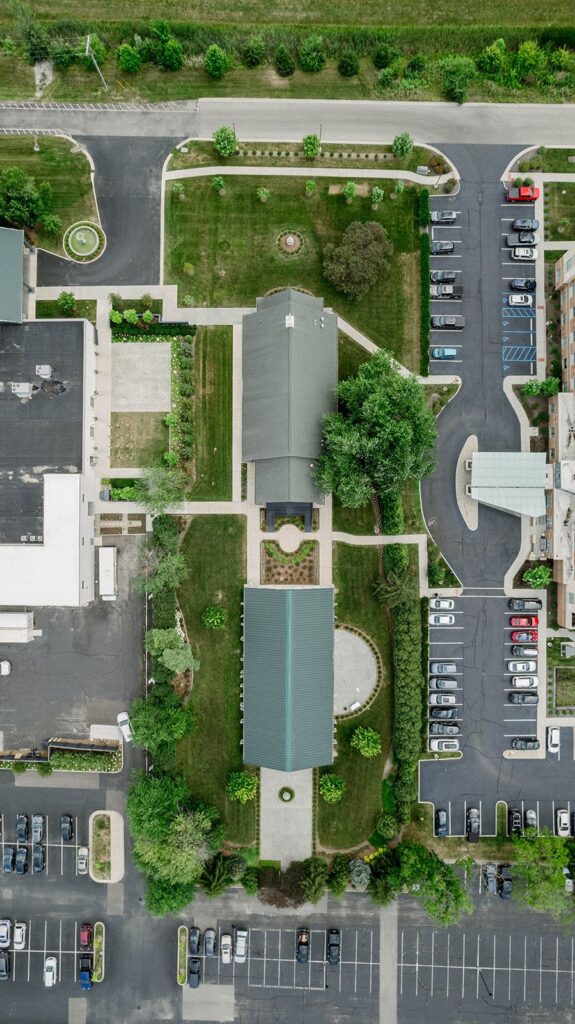 Drone shot of Ritz Charles in Carmel Indiana.