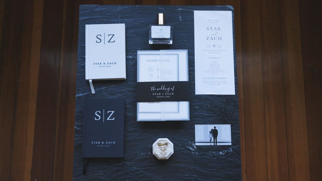 Invitations and vow books for Star and Zach wedding day.