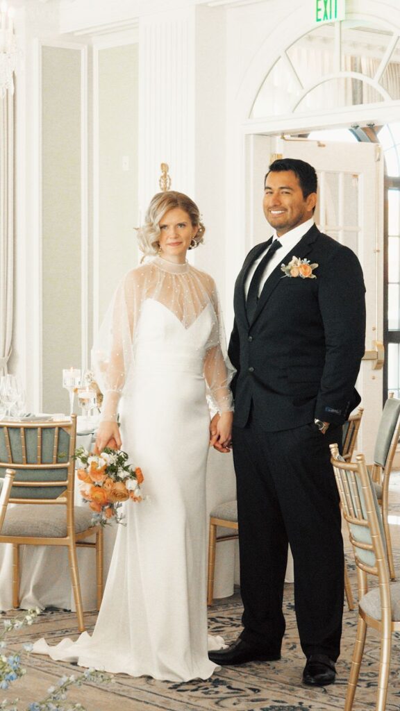 Couples first look Hotel Carmichael Reception room.