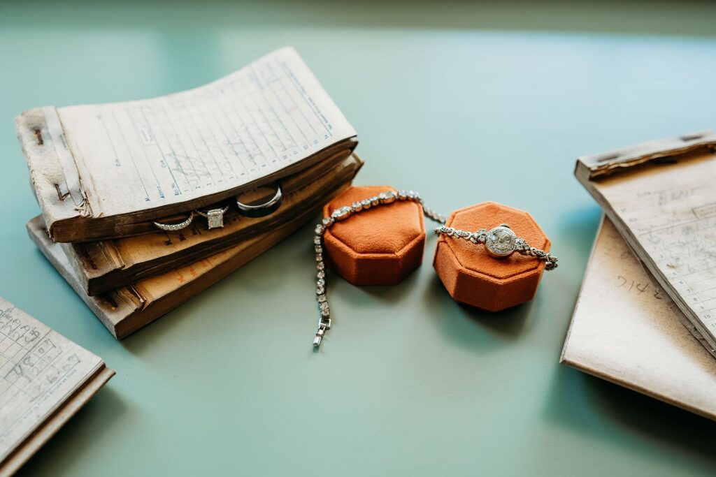 Wedding day jewelry flat lay.