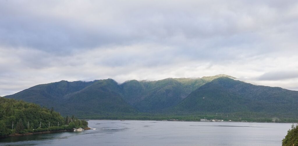 Ketchikan bay with beautiful mountains covered in tress.