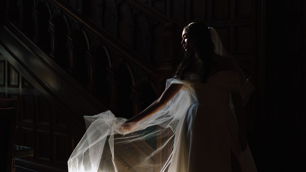 Indiana Cinematic and moody bride in Laurel Hall Indianapolis.
